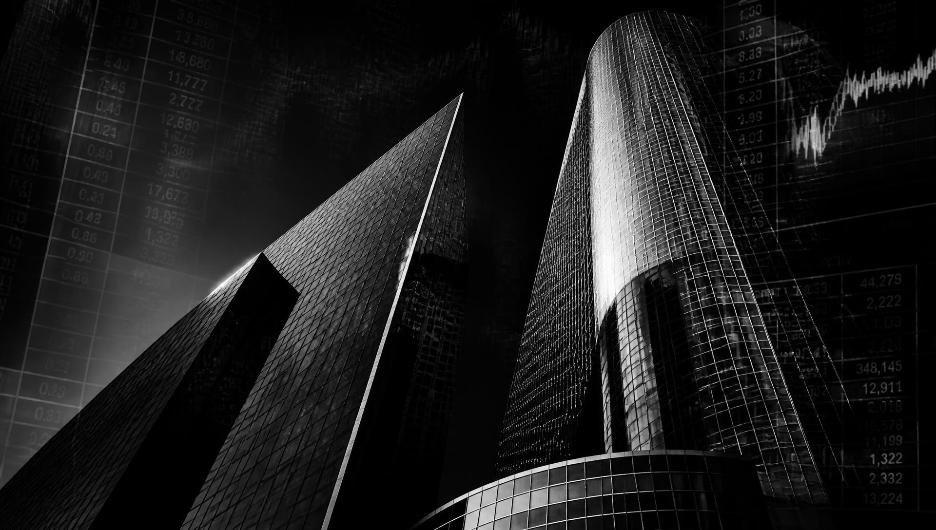 Arquitectura financiera de la Ciudad de México en blanco y negro